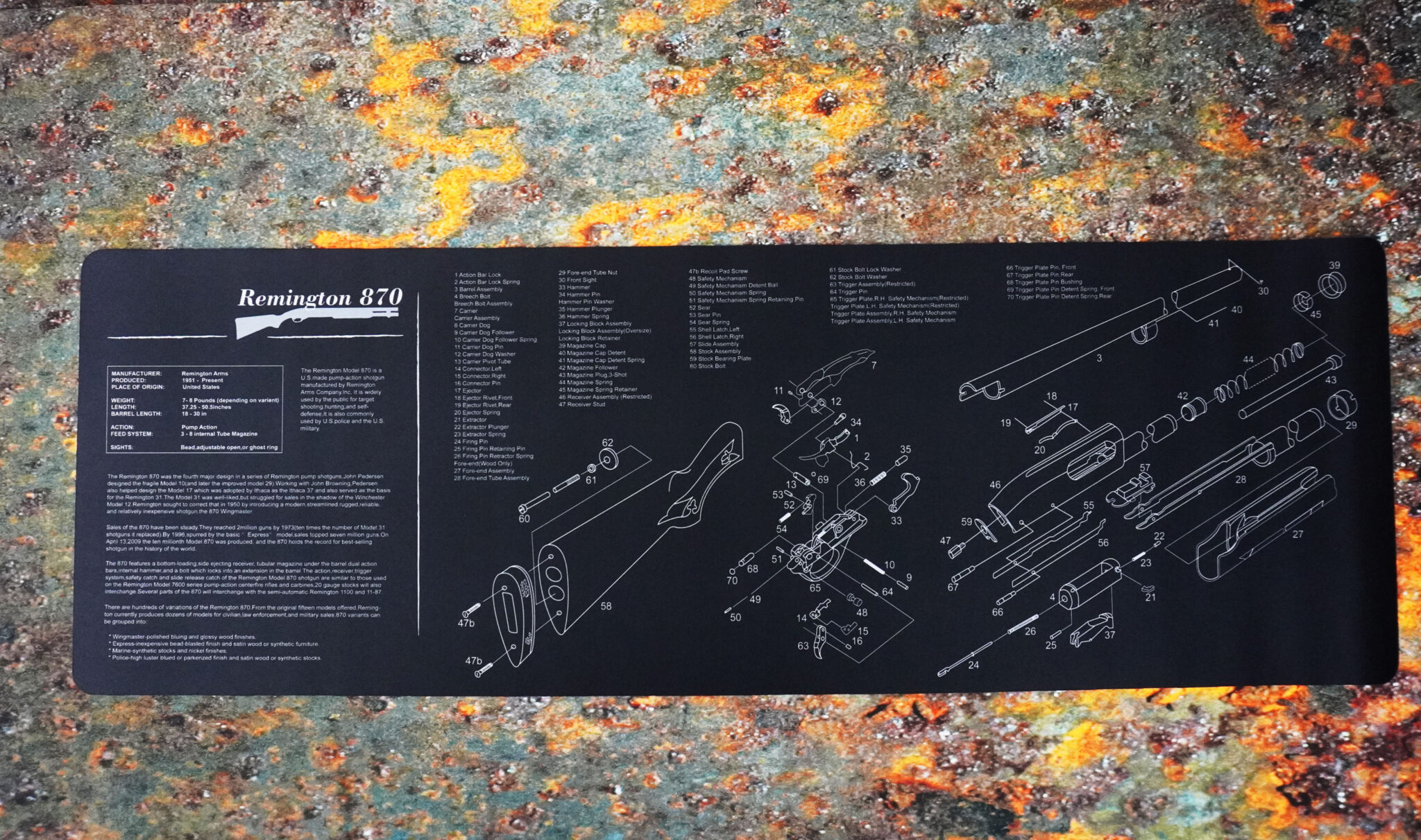 Gun Cleaning Mat for Remington 870 Shotgun Breakdown Schematics Parts ...