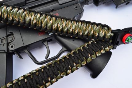 CAMO / BLACK - Paracord Single Point Tactical Rifle Sling with compass, flint, whistle buckle.