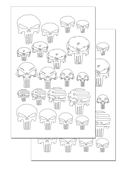 PUNISHER SKULLS – Camouflage Spray Paint Gun Stencils ADHESIVE Stick-on 2 PACK
